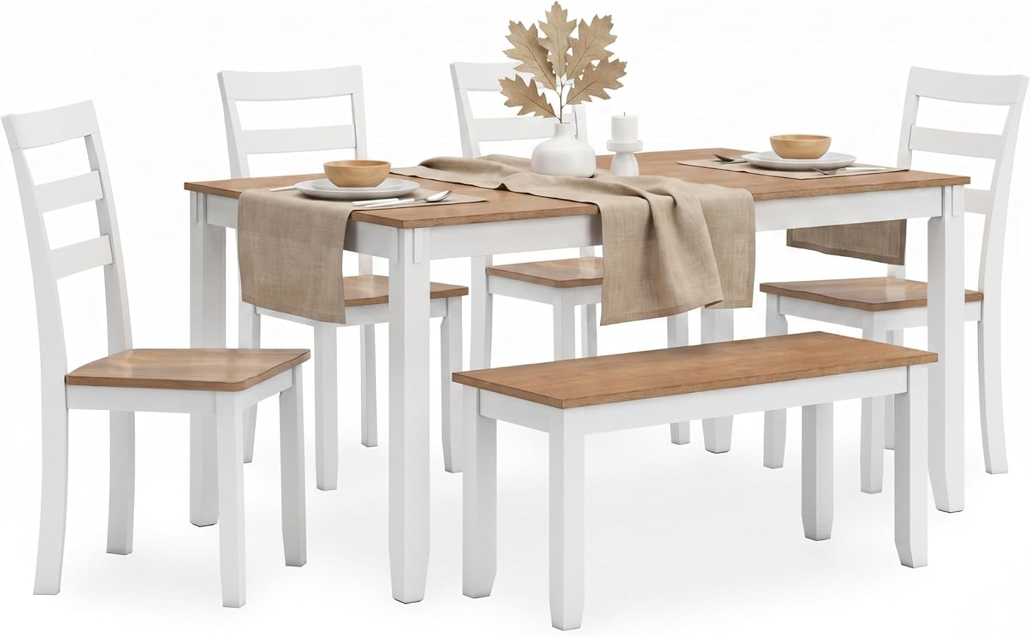 6-Piece White Light Wood Dining Set with Bench
