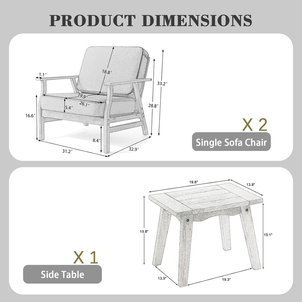 3 Piece Wood Patio Bistro Set With Cushions