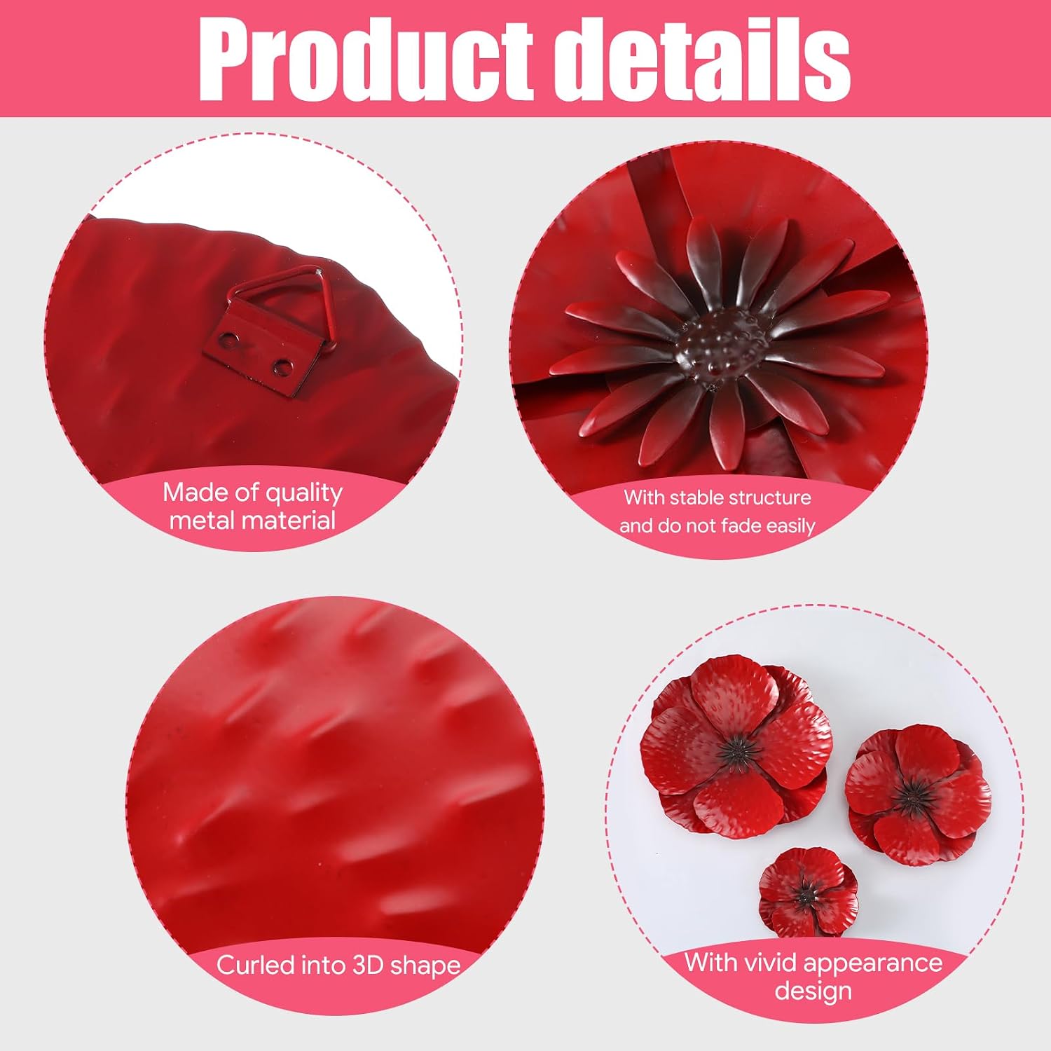 6Pcs 3D Red Poppy Metal Flower Wall Decor