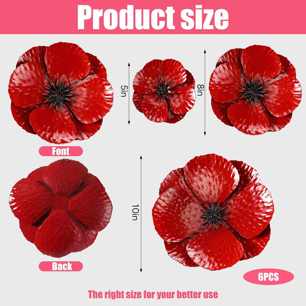 6Pcs 3D Red Poppy Metal Flower Wall Decor
