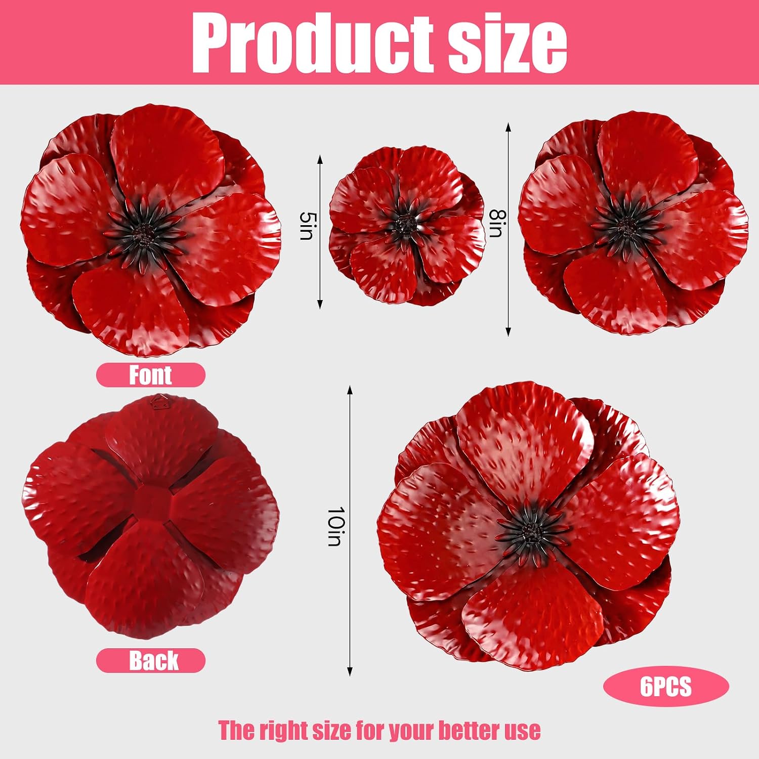 6Pcs 3D Red Poppy Metal Flower Wall Decor