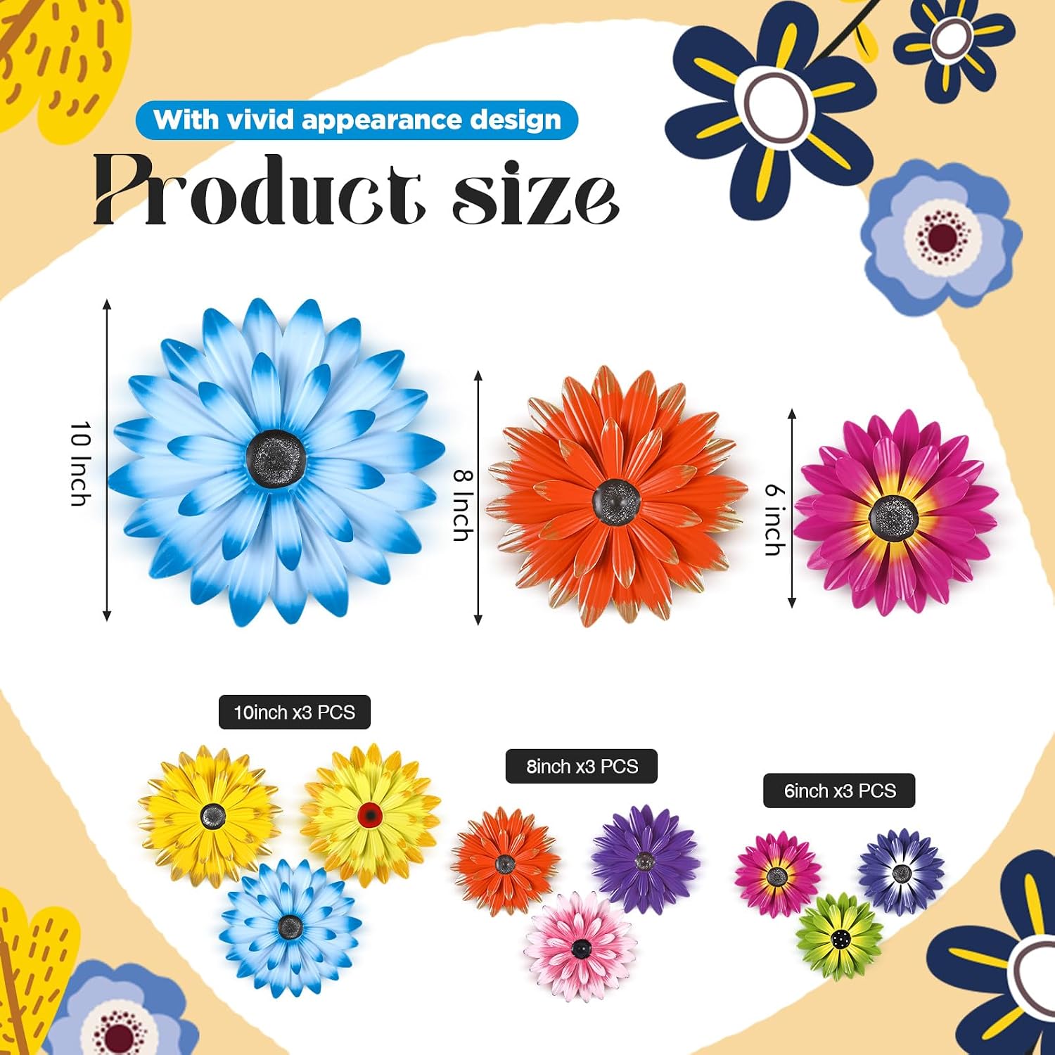 9Pcs 3D Metal Daisy Flower Wall Decor