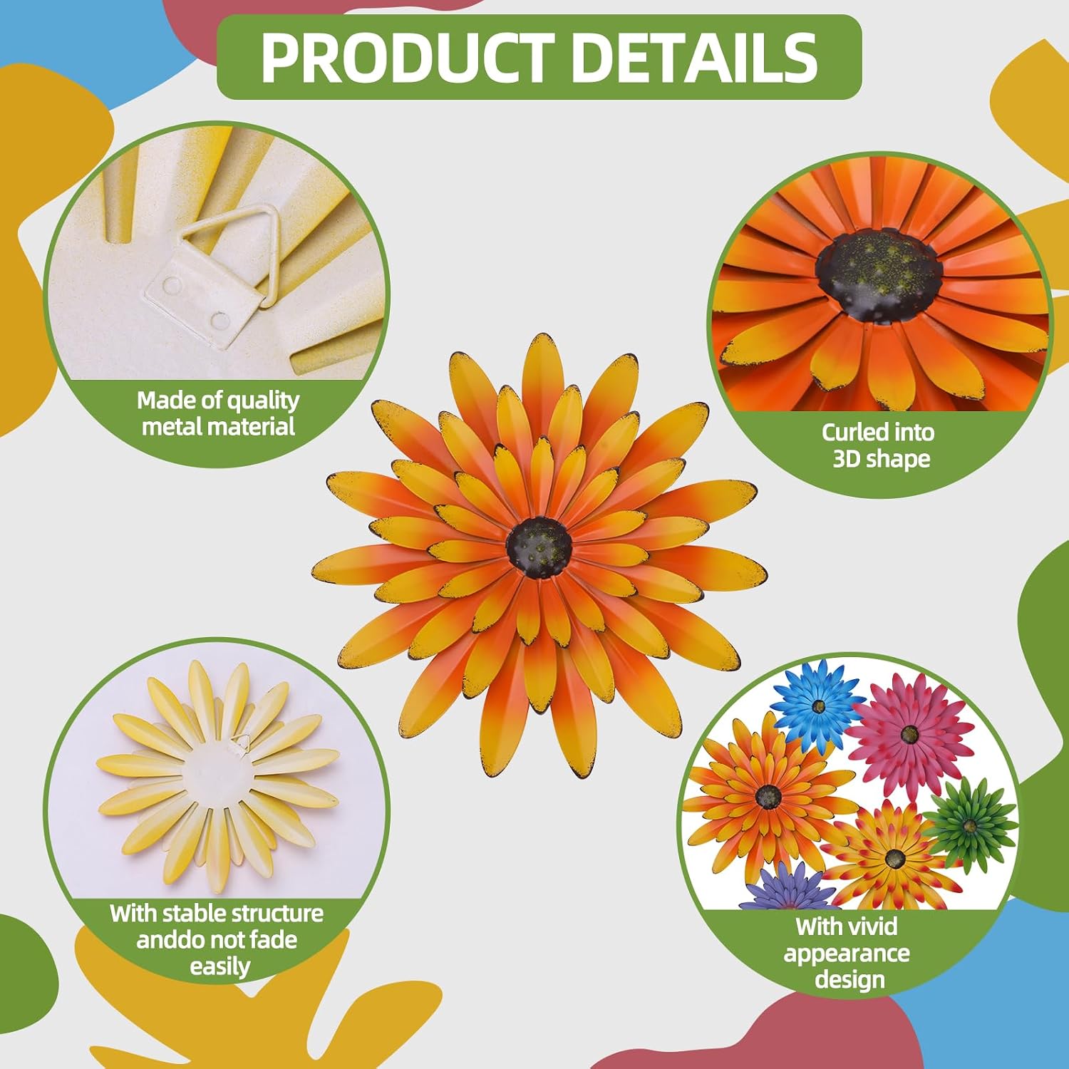 10Pcs 3D Metal Flower Wall Art Decor Kit