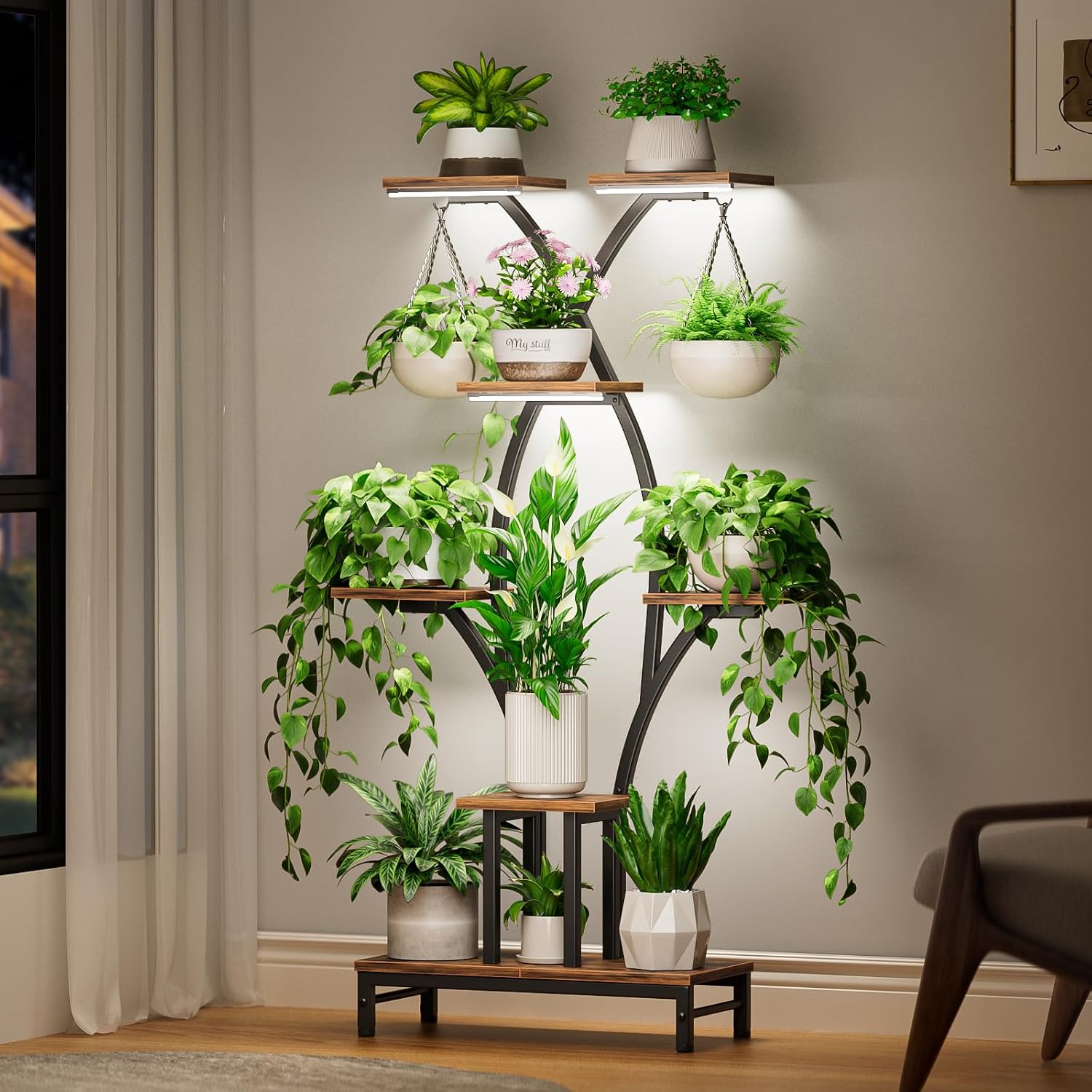 63" X-Shaped Corner Plant Stand With Grow Lights