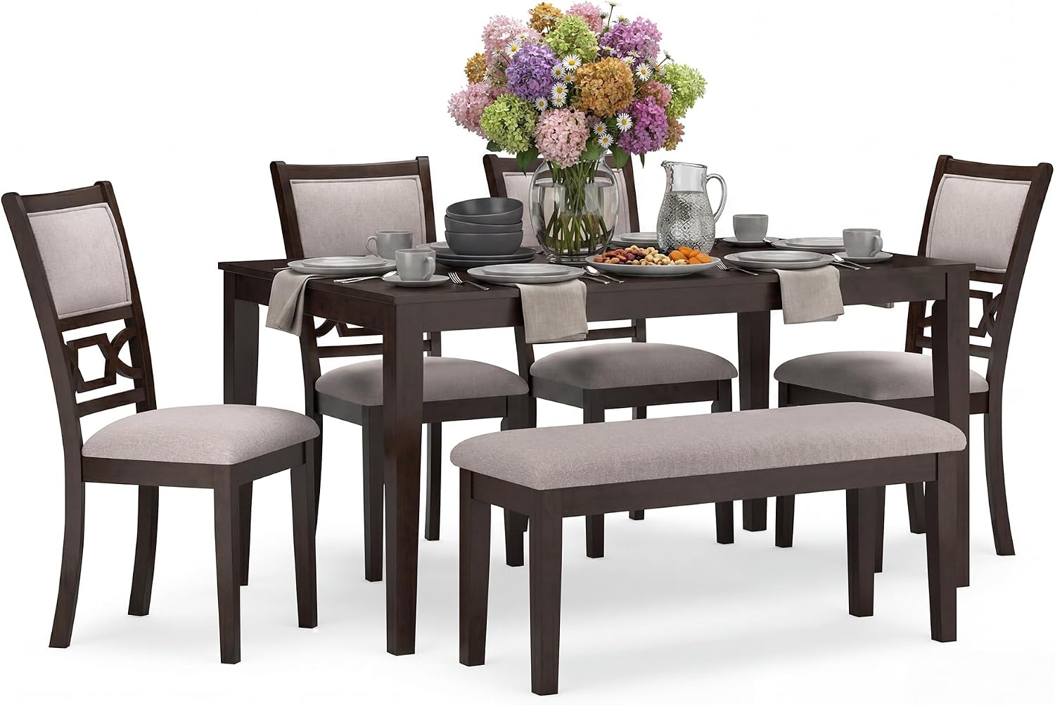 6-Piece Cherry Wood Dining Set with Bench