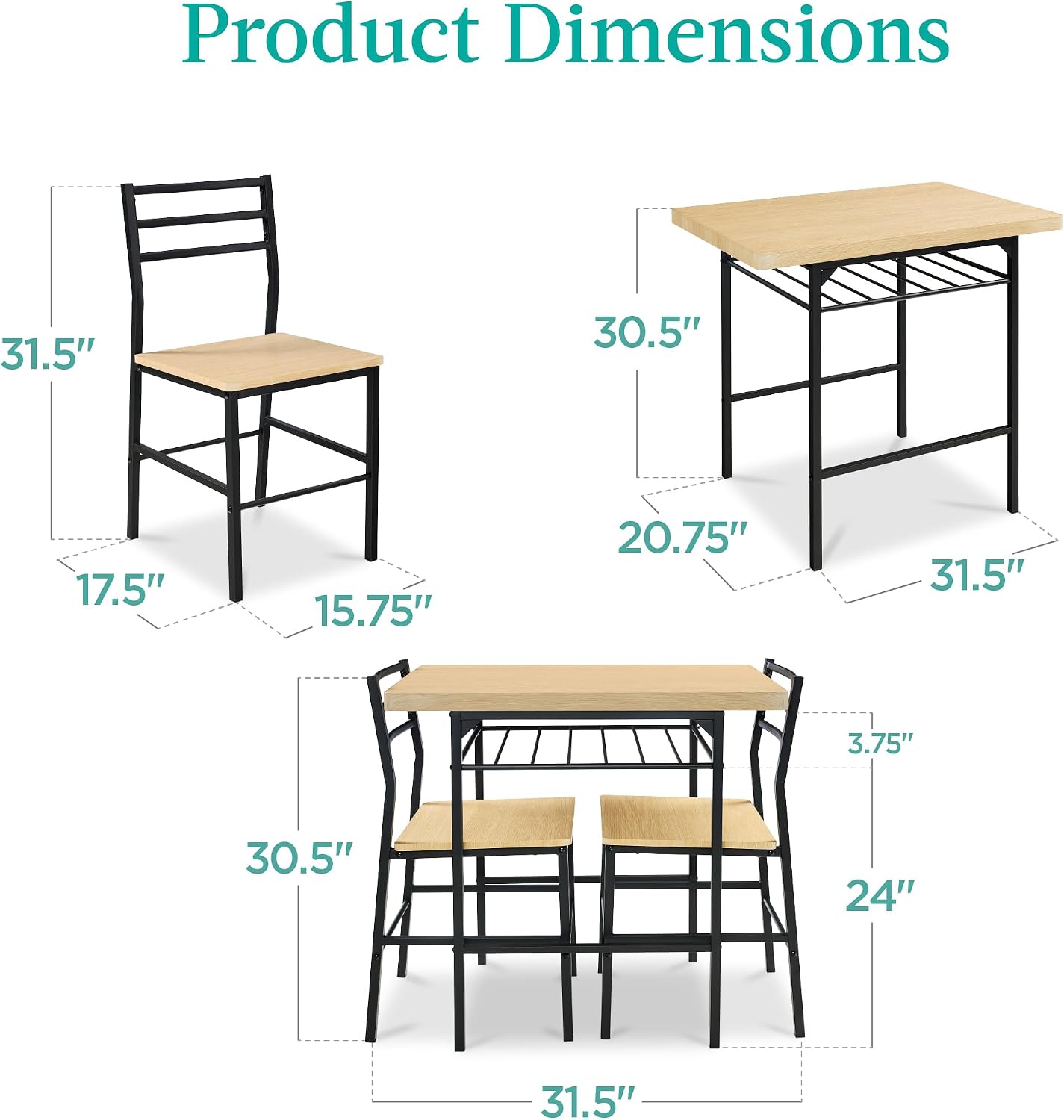 3-Piece Natural Black Space Saving Dining Set