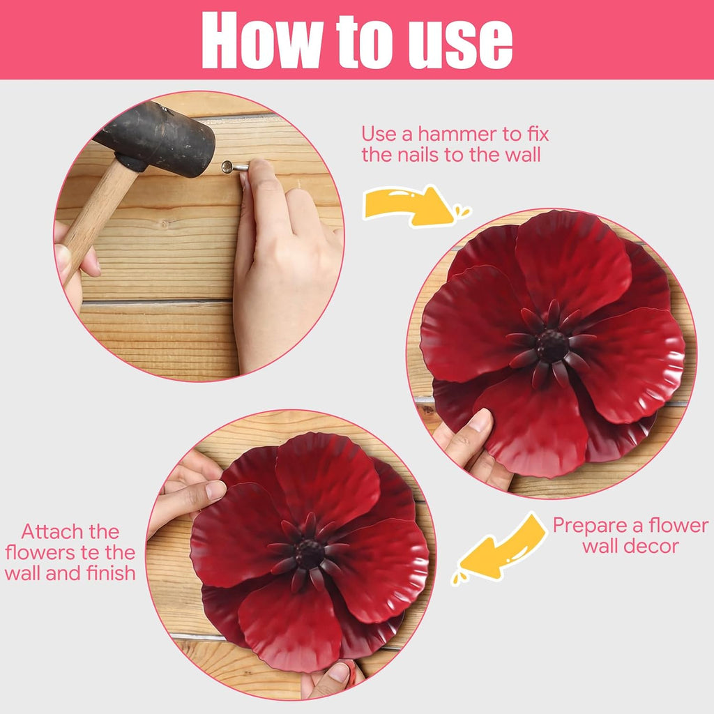 6Pcs 3D Red Poppy Metal Flower Wall Decor