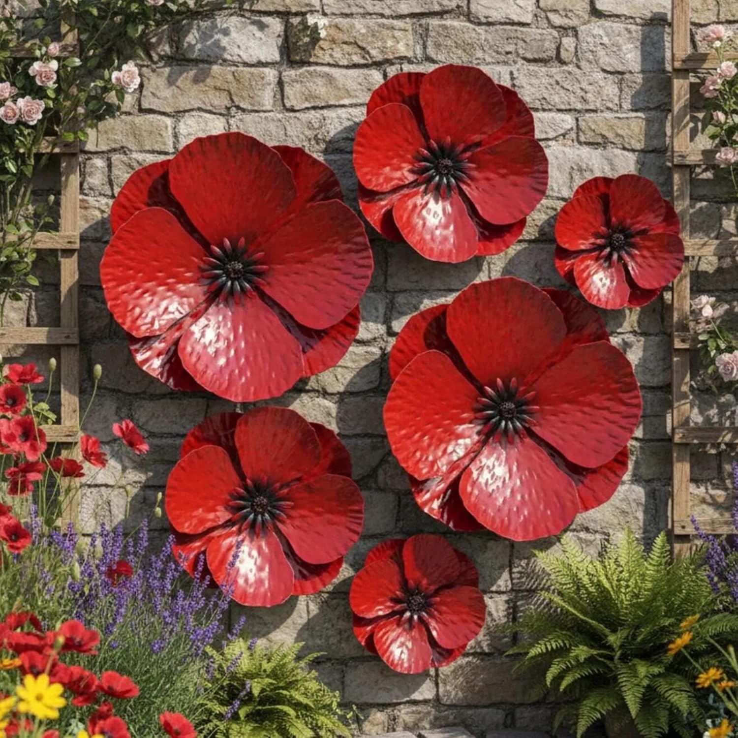6Pcs 3D Red Poppy Metal Flower Wall Decor