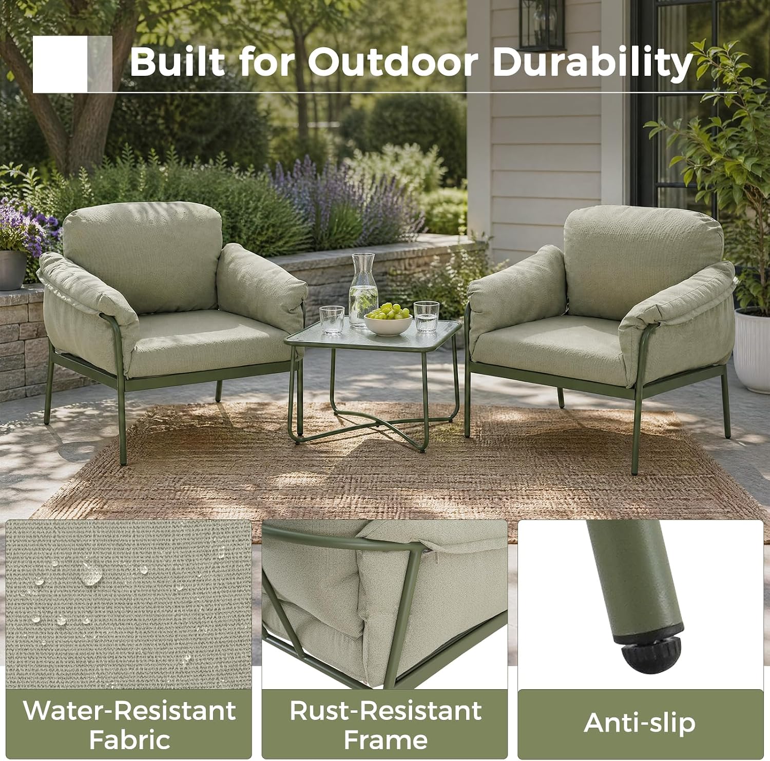 3 Piece Metal Patio Bistro Set With Cushions