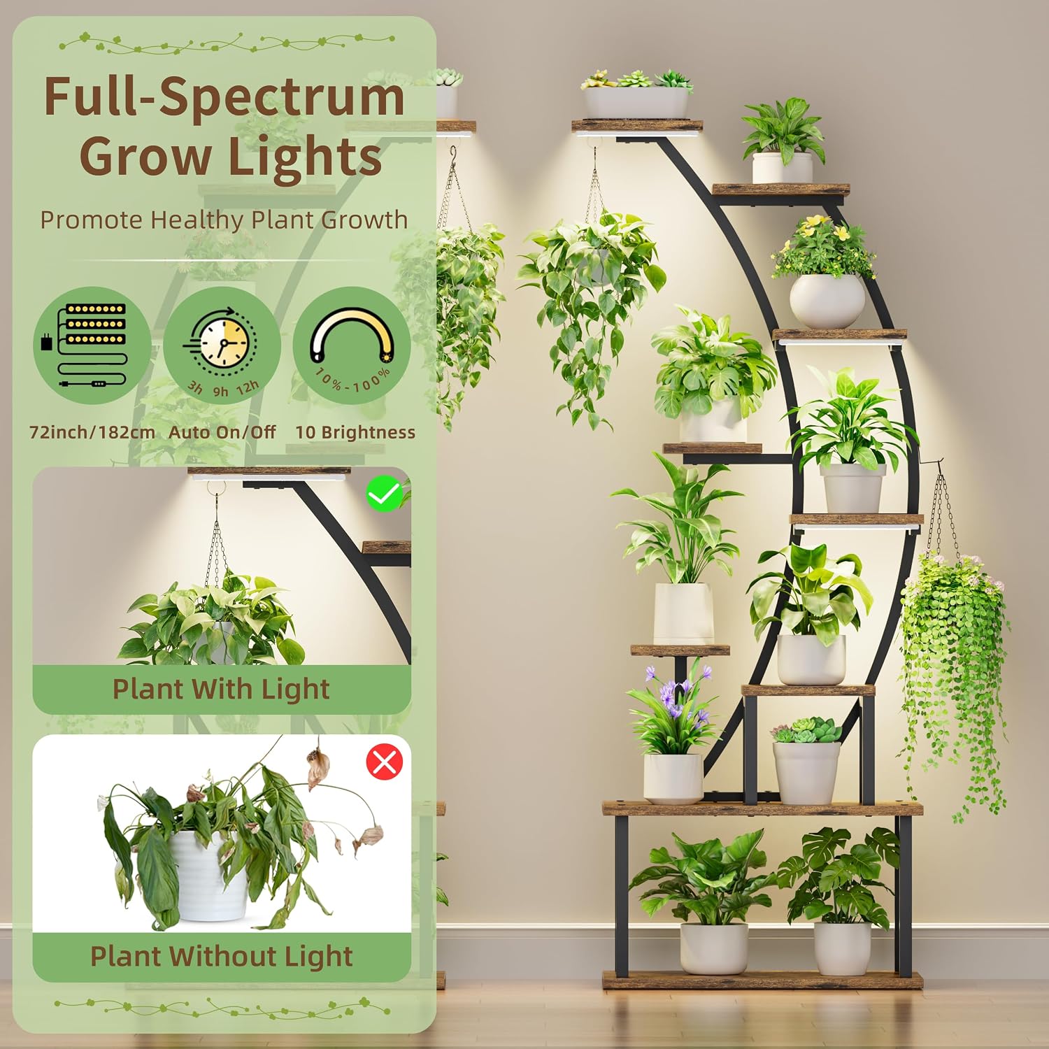 64" 9 Tier Curved Plant Stand with Grow Lights