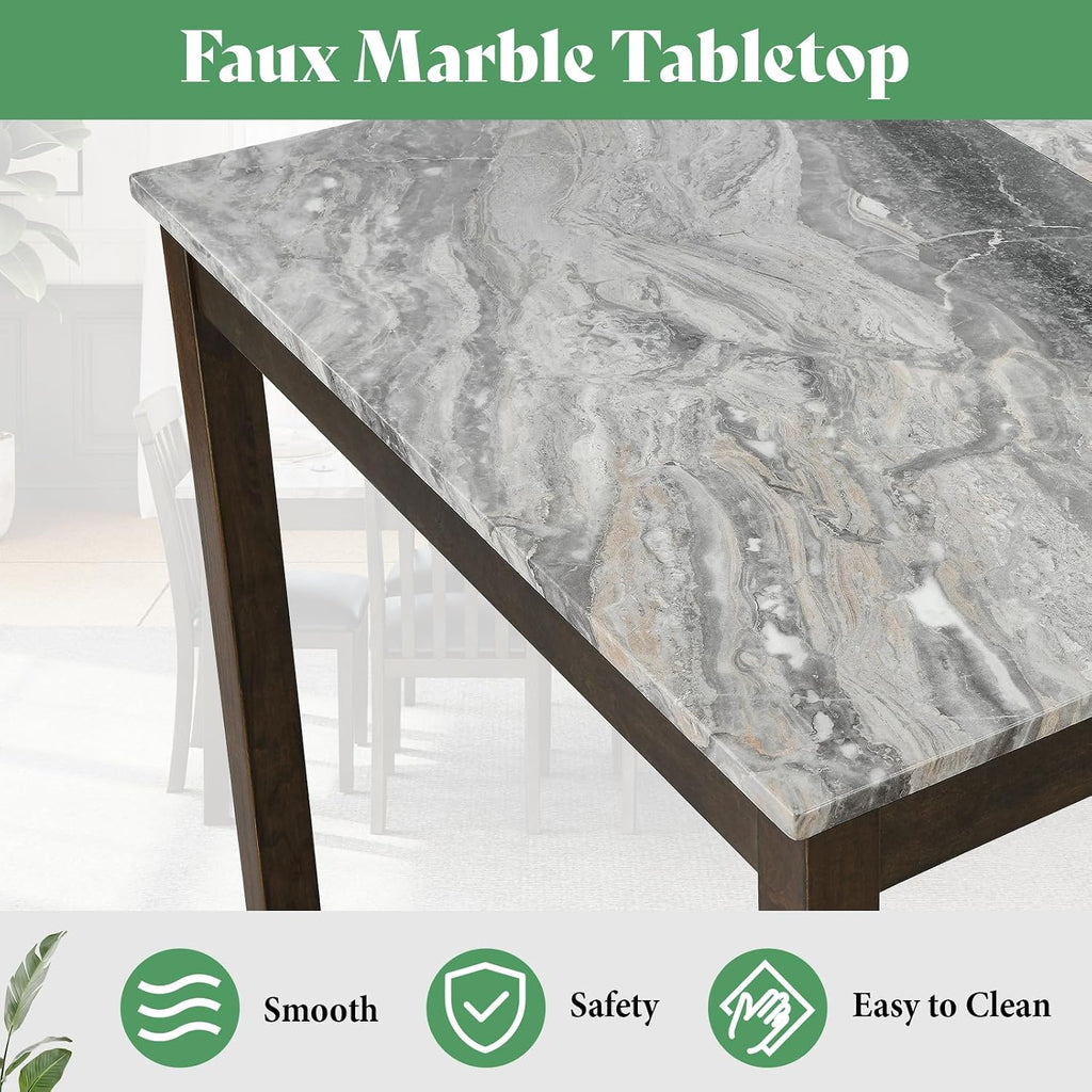 7-Piece Faux Marble Dining Set Dark Brown