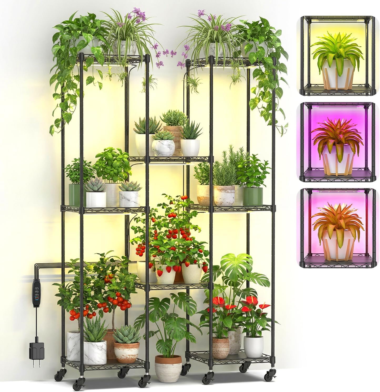 Metal Plant Stand with Grow Lights Black