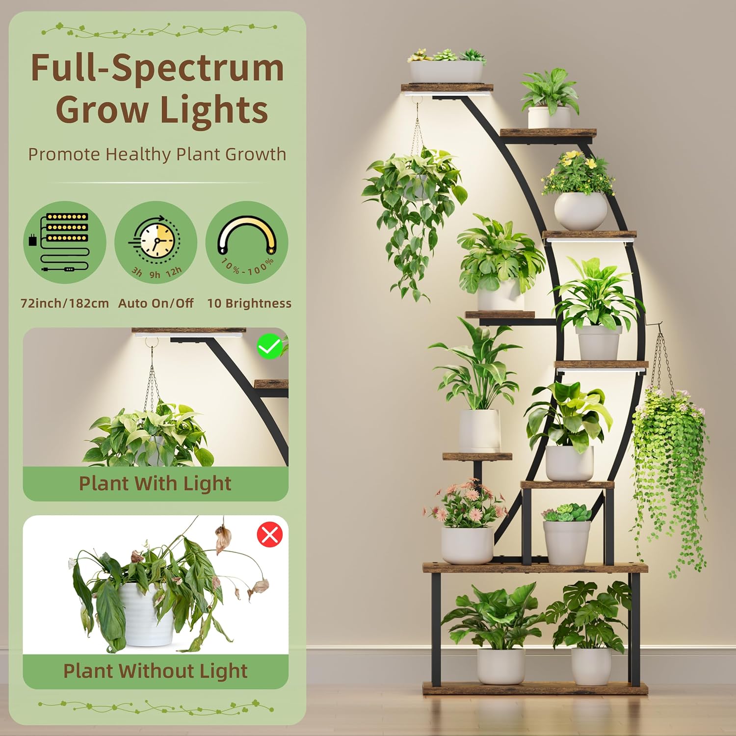 63" 9 Tier Corner Plant Stand with Grow Lights