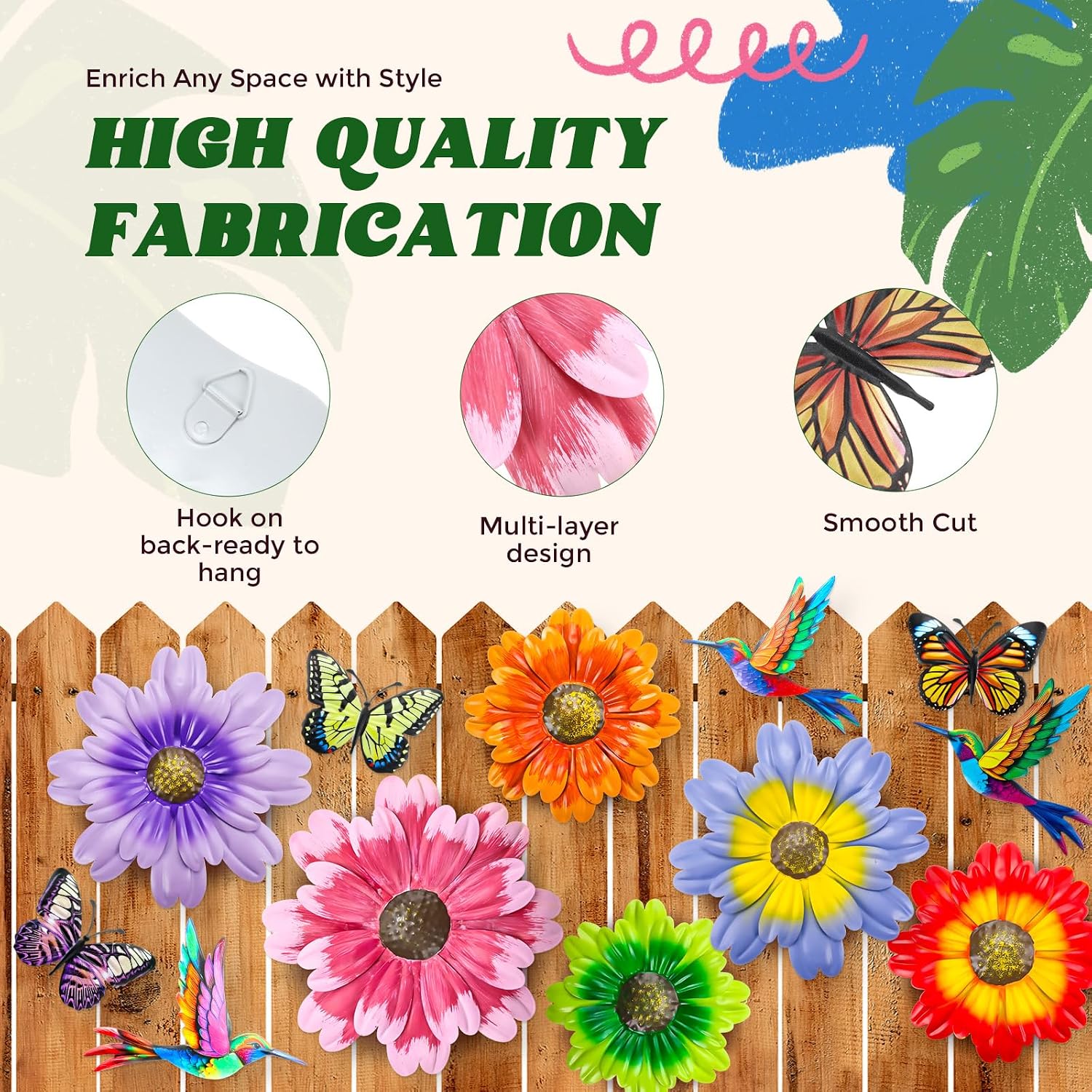 12Pcs Metal Flower Hummingbird Wall Decor