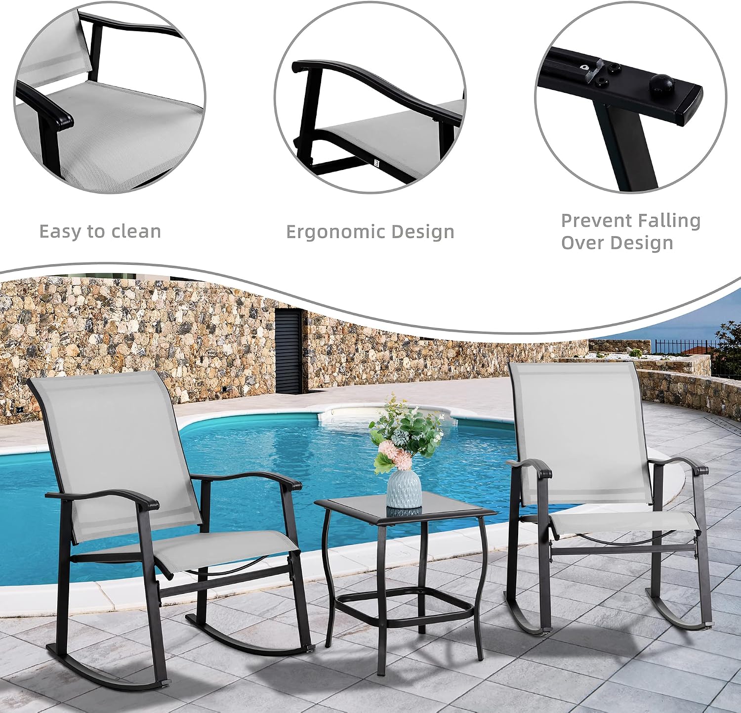 3 Piece Textilene Rocking Bistro Set