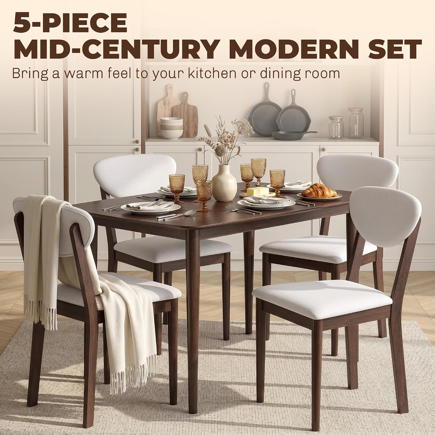 5-Piece Cream Mid-Century Dining Set