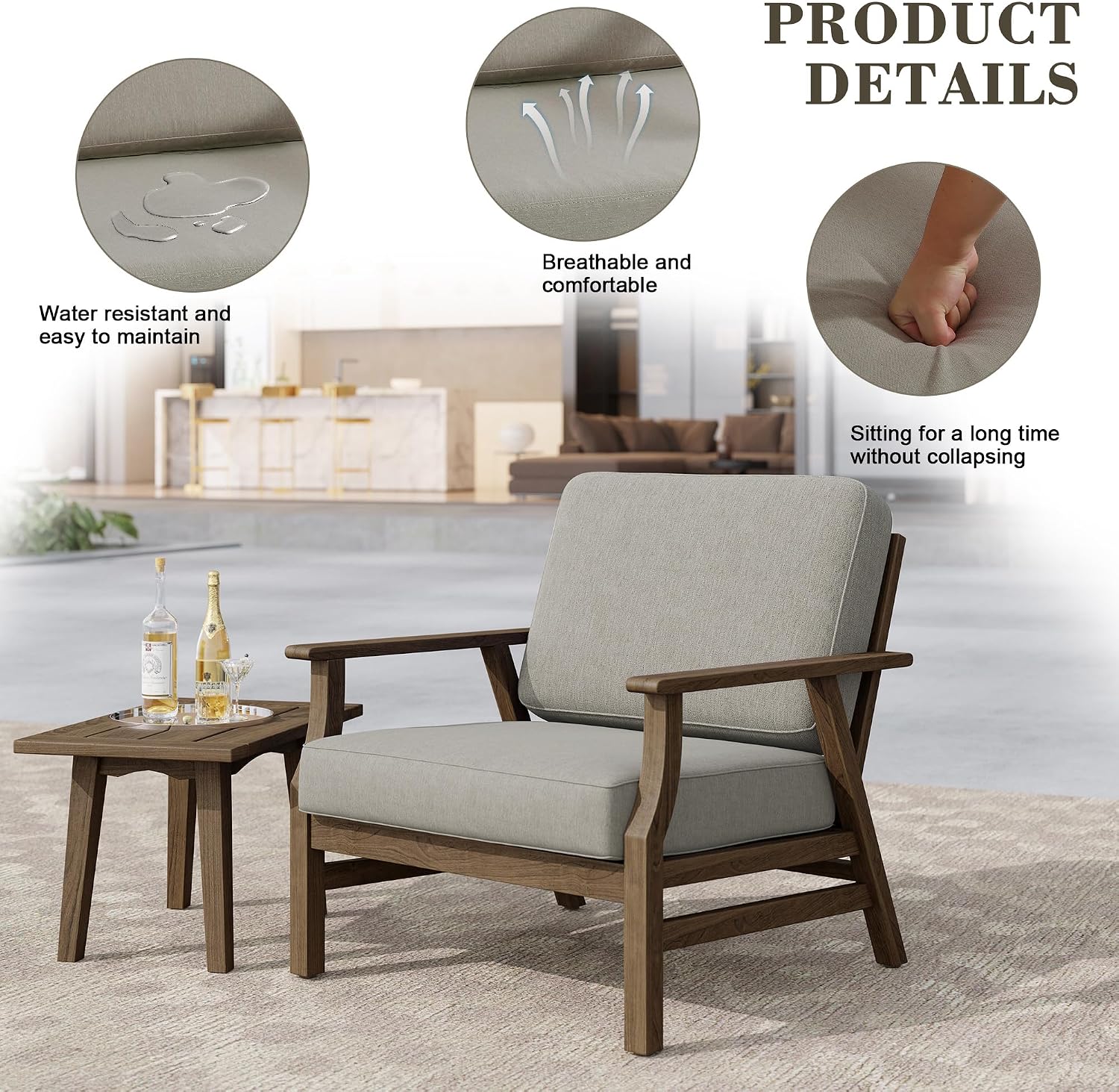 3 Piece Wood Patio Bistro Set With Cushions