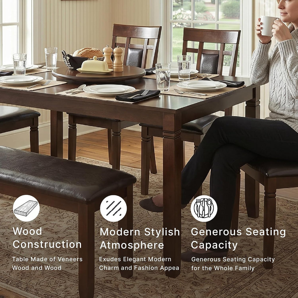 6-Piece Brown Dining Set with Bench