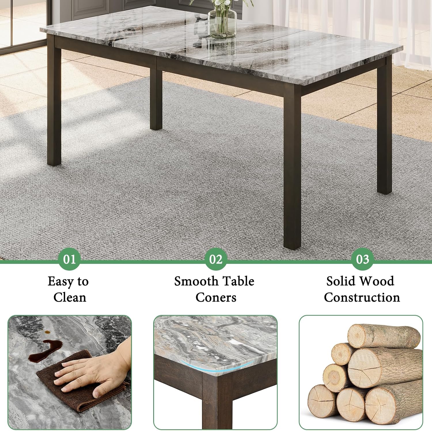 7-Piece Faux Marble Dining Set Dark Brown