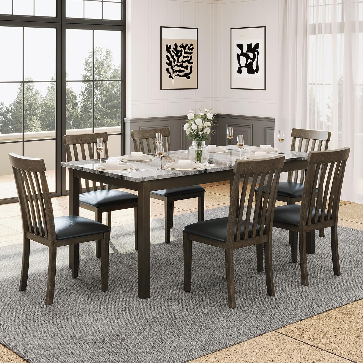 7-Piece Faux Marble Dining Set Dark Brown
