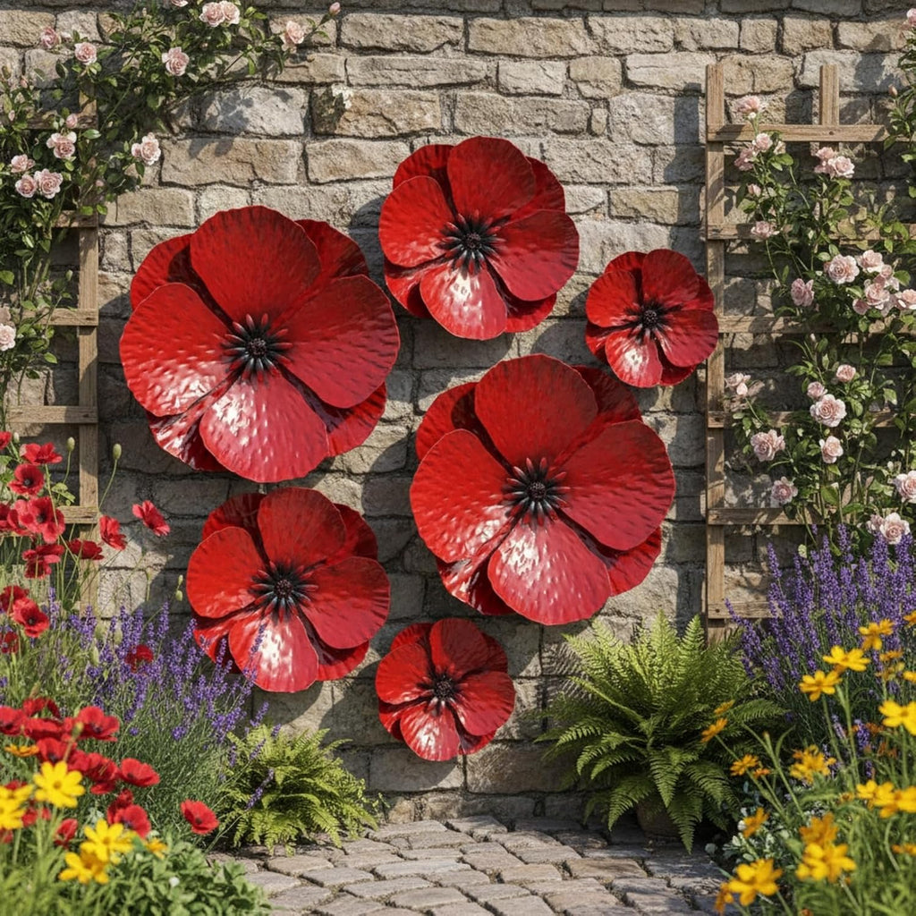 6Pcs 3D Red Poppy Metal Flower Wall Decor
