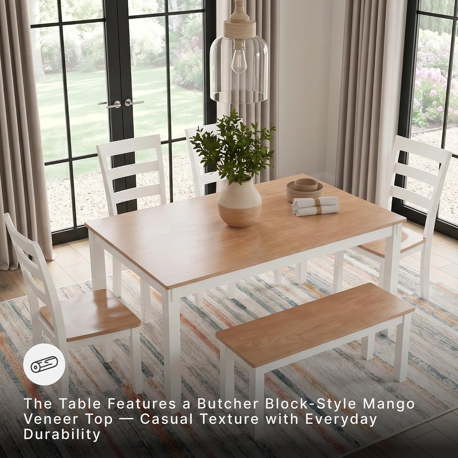 6-Piece White Light Wood Dining Set with Bench