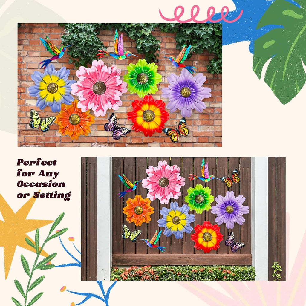 12Pcs Metal Flower Hummingbird Wall Decor