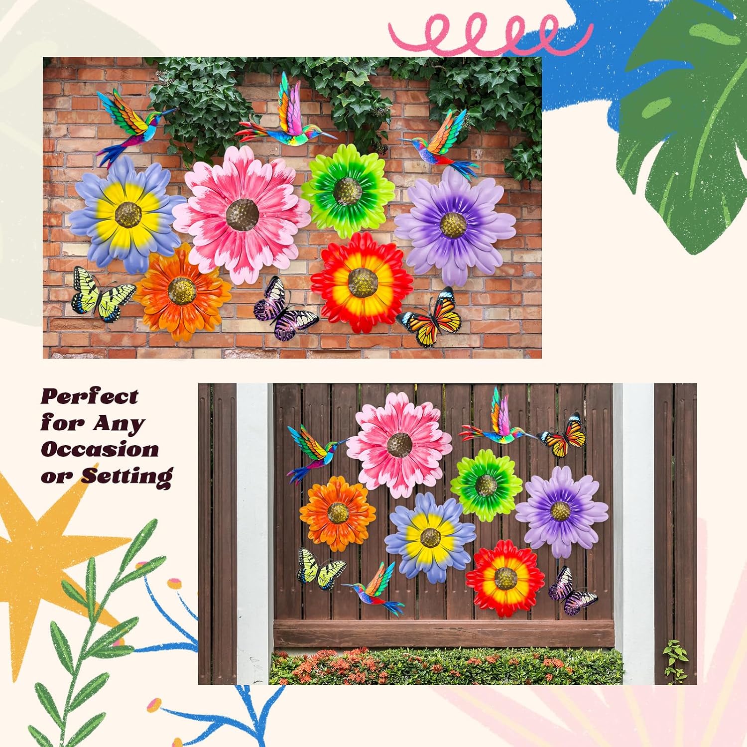 12Pcs Metal Flower Hummingbird Wall Decor