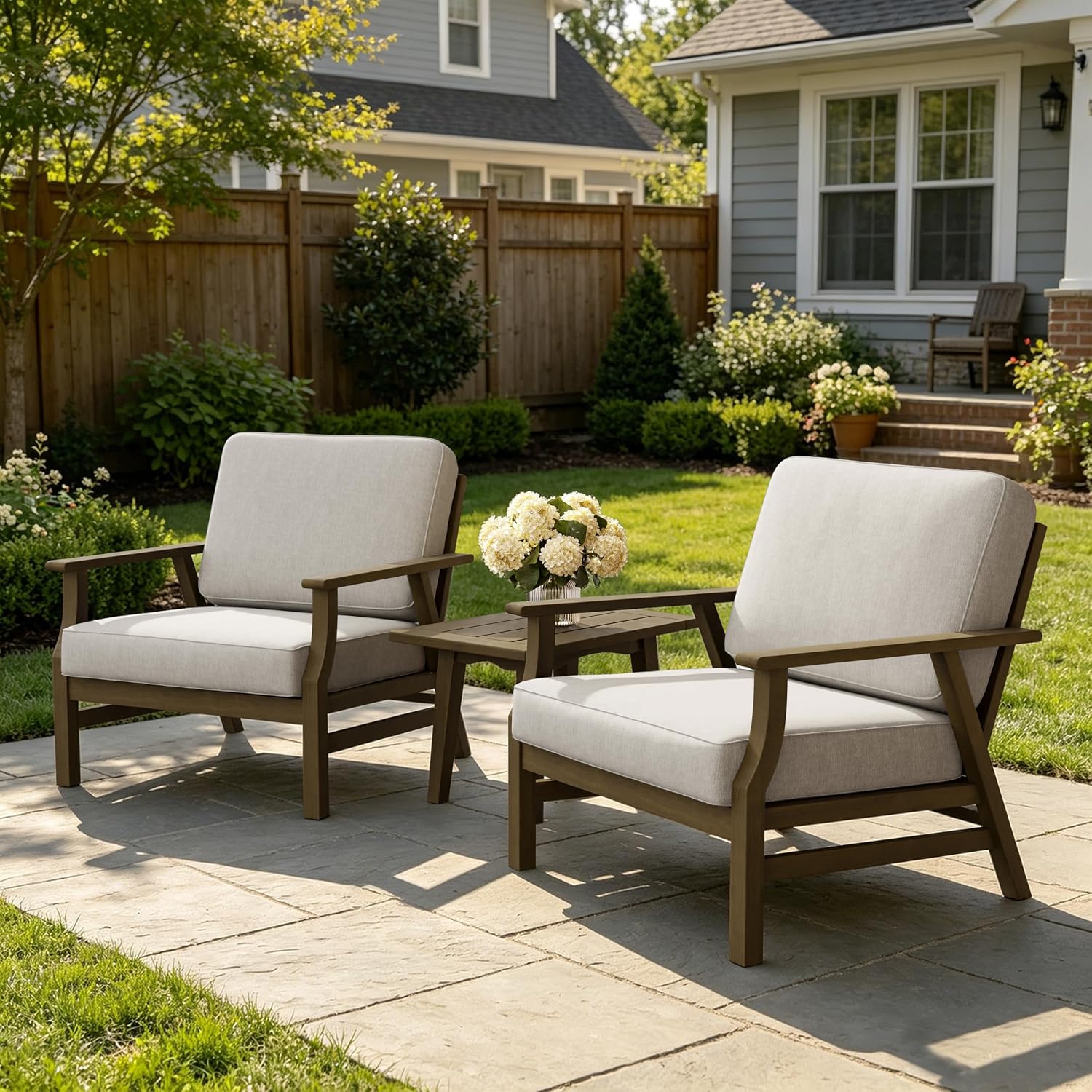 3 Piece Wood Patio Bistro Set With Cushions