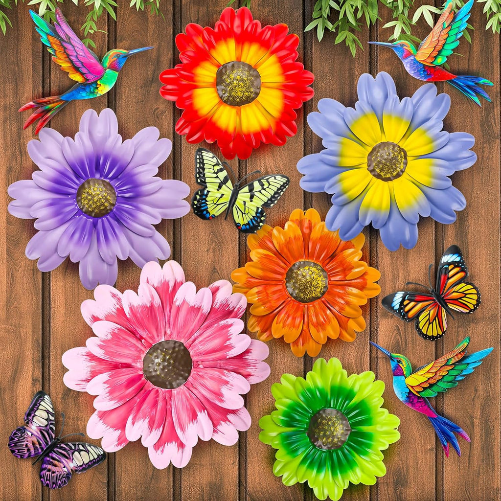 12Pcs Metal Flower Hummingbird Wall Decor