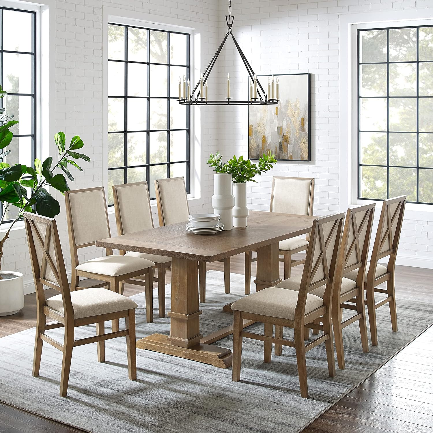 9-Piece Farmhouse Dining Set Rustic Brown & Creme